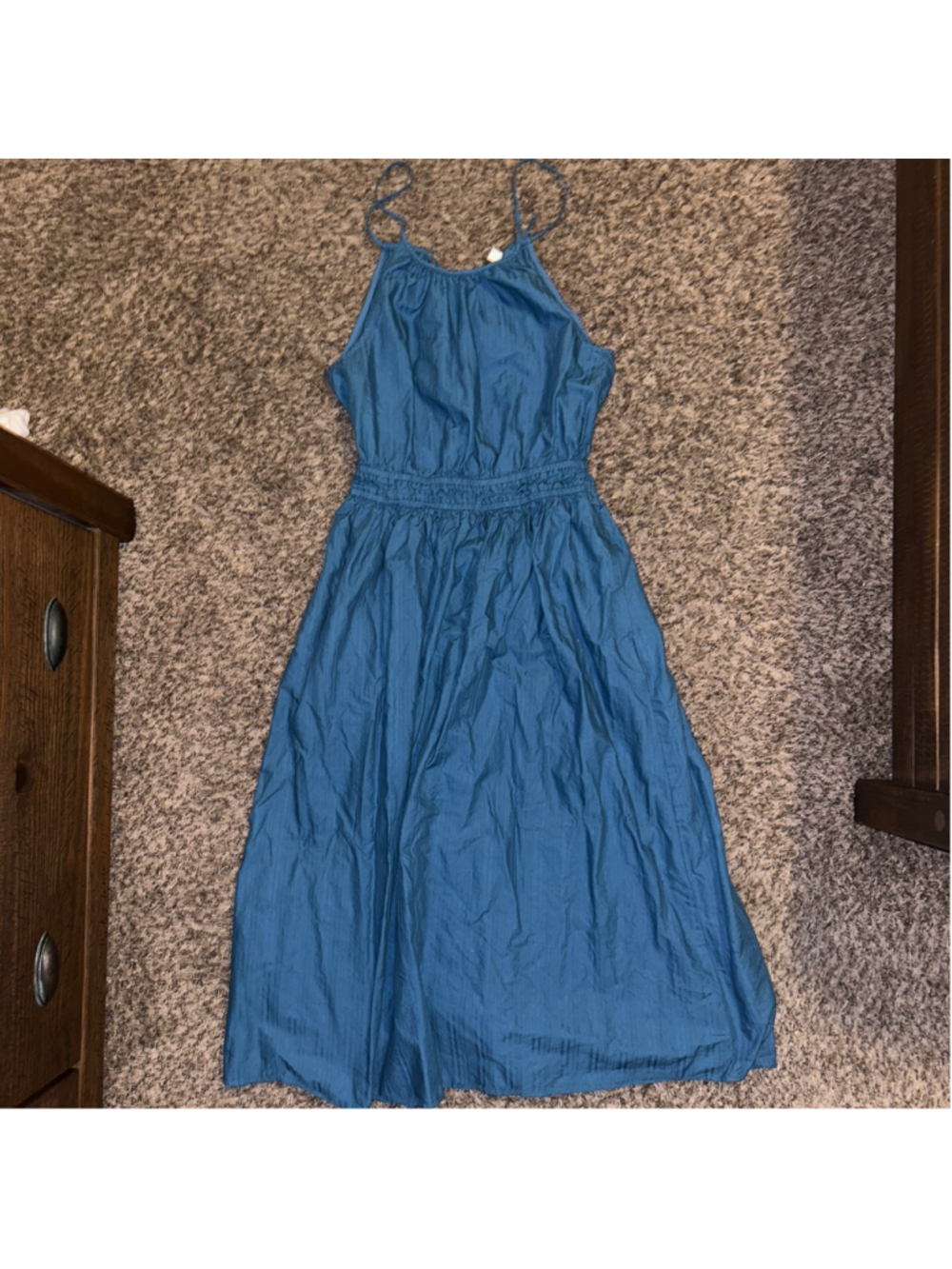 Women's Uniqlo Cotton Blue Midi Dress Pockets Romantic Boho Size S